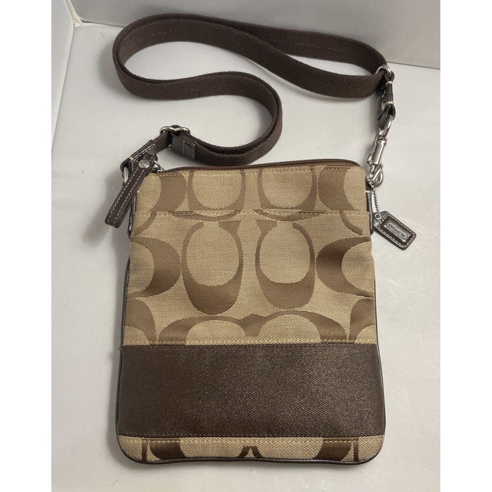 COACH Stripe Swingpack Purse Jacquard & Leather Crossbody Brown Zip Top